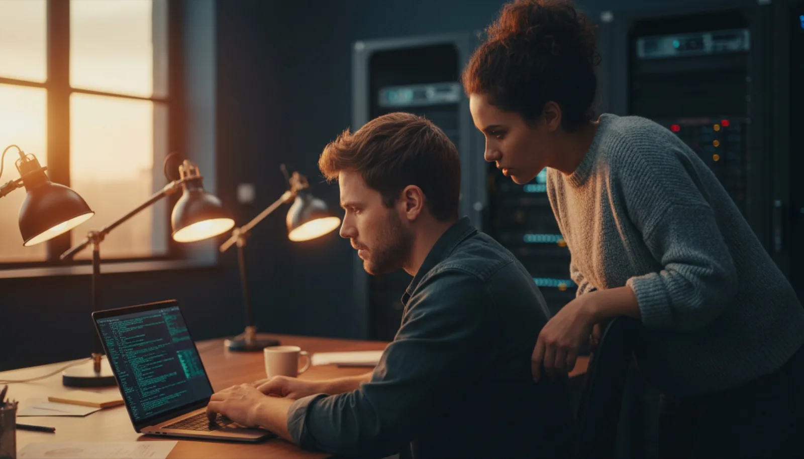An engineer at a laptop reviewing a terminal while a colleague leans in