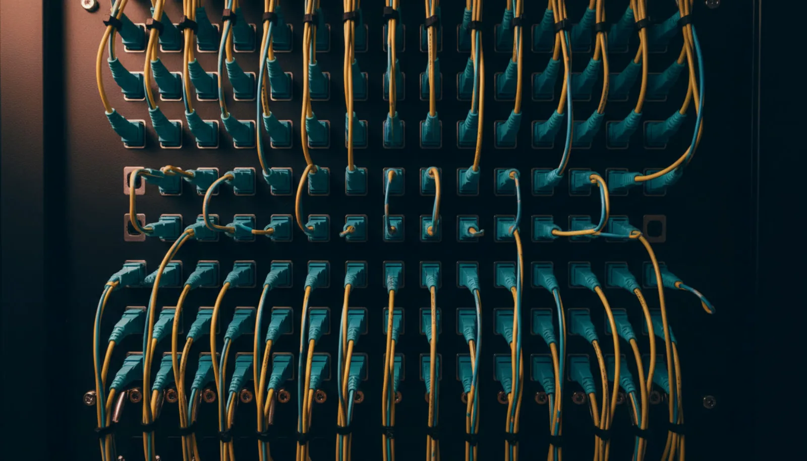 An immaculately dressed fiber patch panel, every termination in an aligned row